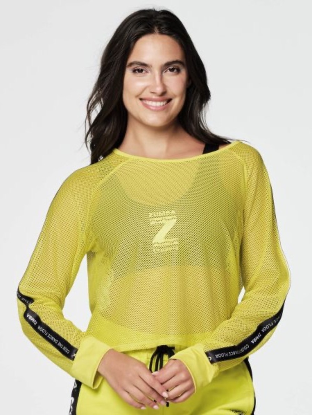 Crayola Zumba Women's Yellow Mesh Long-Sleeve Hoodie, Gym, Workout, Athleisure